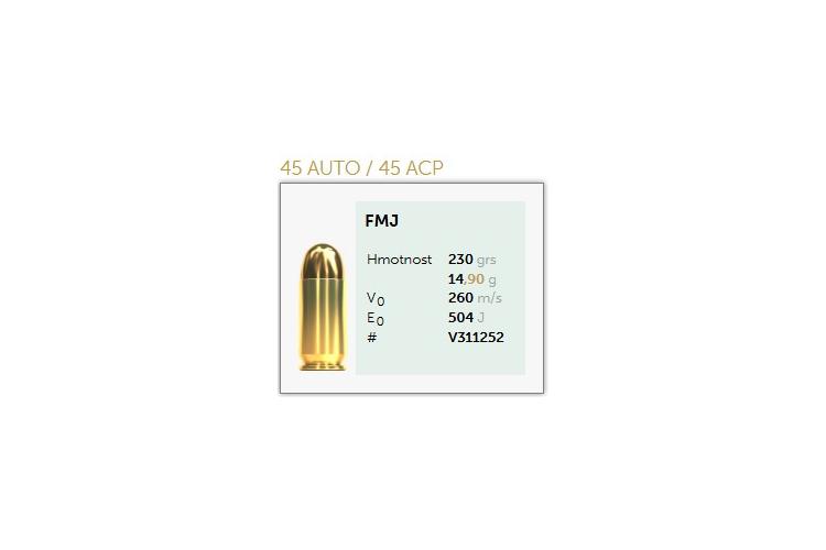 Náboje 45 AUTO / 45 ACP, FMJ, 230Gr, 14,9g, Sellier & Bellot, 50 ks