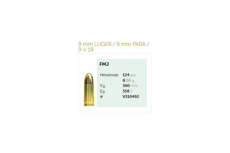 Střelivo 9mm Luger, FMJ, 124Gr, 8g, Sellier & Bellot, 50 ks