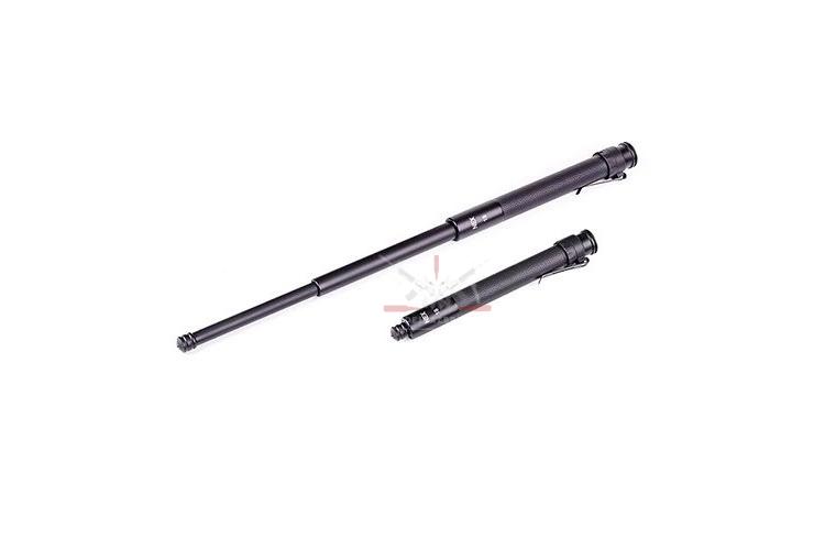 Černý ocelový teleskopický obušek NEX N18C Steel v rozloženém stavu.