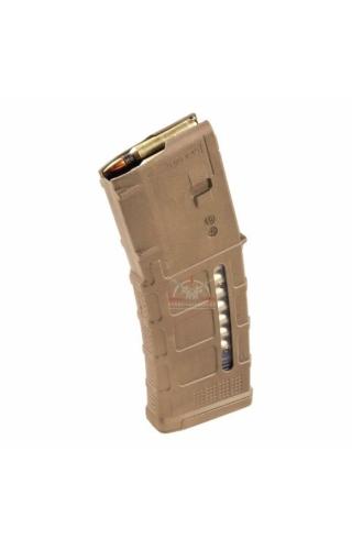 Zásobník Magpul PMAG M3 na 30 ran v barvě Coyote s průhledným oknem pro kontrolu nábojů.