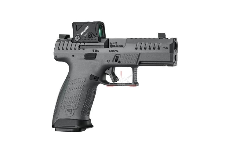 Samonabíjecí pistole CZ P-10 C OR PORTED s kolimátorem Aimpoint COA a portovanou hlavní.