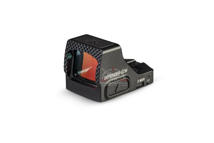 Kolimátor Vortex Defender CCW Micro Red Dot 3 MOA, otevřený s červenou nebo zelenou osnovou